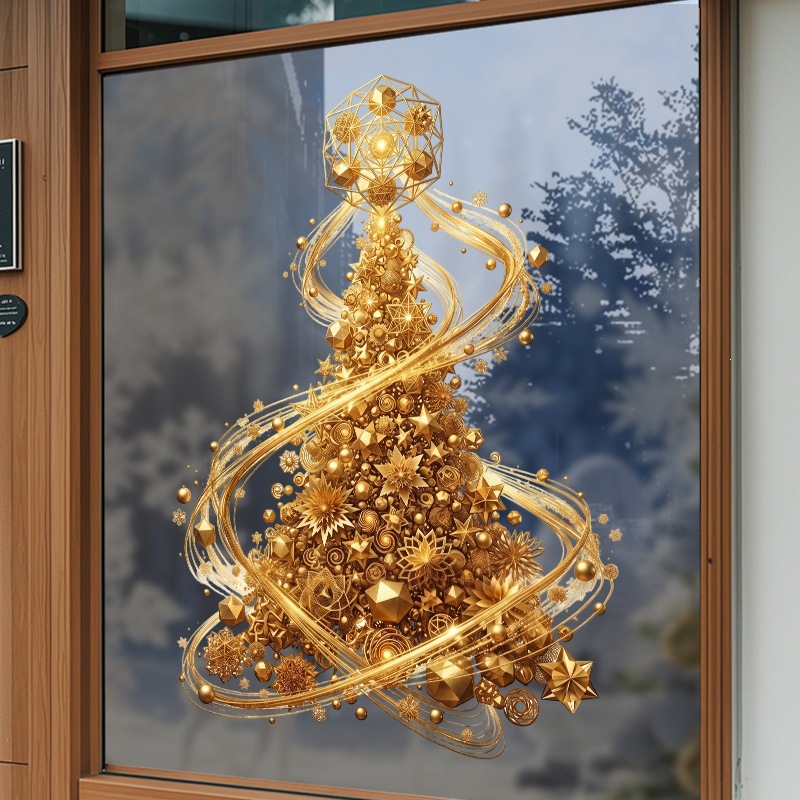 Golden Xmas Tree Window Cling  - Snowflake Window Decal ulasan dan harga